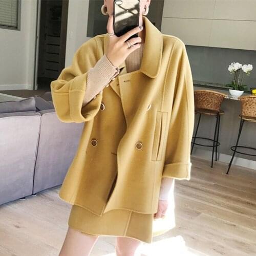 Winter Thick Woolen 2 Piece Set Women Vintage Loose Yellow Warm Coat and Wool Mini Skirts 2021 Korean Outerwear Set Female
