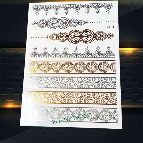 1PC Silver Bracelet Temporary Tattoo Sticker PYS-117 / Gold Flash Tattoo Paste India / Fake Metallic Tattoo Jewelry Design Henna