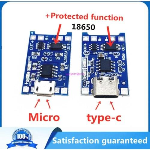 10PCS 5V 1A Micro USB 18650 Type-c Lithium Battery Charging Board Charger Module+Protection Dual Functions TP4056 18650