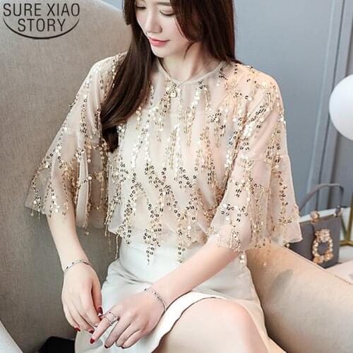 Apricot Chiffon Shirt 2021 Summer New Sequin Tassel Flare Sleeve Two-piece Sweet Gentle Elegant O-neck Short Sleeve Blouse 14109