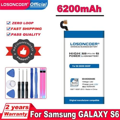 LOSONCOER 6200mAh EB-BG920ABE Battery For Samsung GALAXY S6 G9200 G9208 G9209 SM-G920F G920I G920 G920A G920V G920T G920F