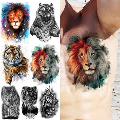 Watercolor Lion Temporary Tattoos For Men Adults Realistic Tiger Wolf Forest Waterproof Fake Tattoo Sticker Chest Body Tattoos