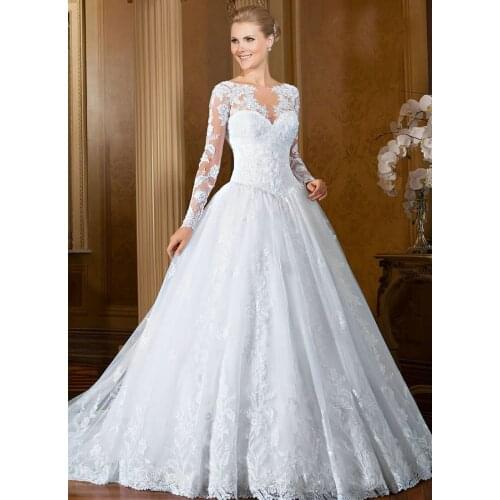 White Long Sleeve Lace Muslim vestido de noiva 2018 Princess Ball Gown bridal gown With Sleeves mother of the bride dresses