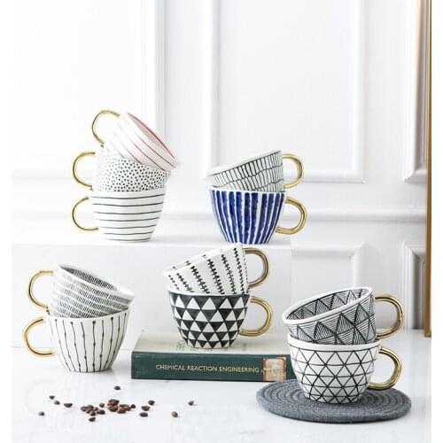 Hand Painted Geometric Ceramic Mugs With Gold Handle Handmade Irregular Cups For Coffee Tea Milk Oatmeal Creative Birthday Gifts