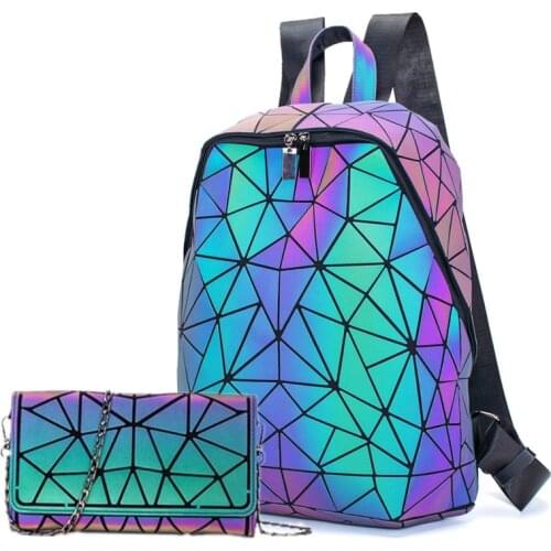 Brand Design Luminous Backpack Sequin women Backpack 2pcs set for girl chain shoulder bag School Female Backbag Folding purse