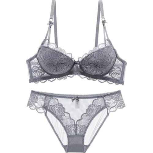 Sexy charming lace bra set underwire push up ladies underwear pattern lace perspective breathable comfortable briefs black blue