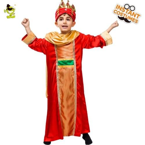 Boys Red Deluxe Arab Prince Costumes Middle East Royal King Clothing Performance in Carnival Halloween Party for Kids