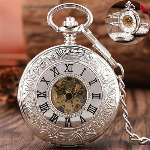 Steampunk Silver Handwinding Mechanical Pocket Watch for Men Women Double Hunter Roman Number Dial Pendant Necklace Chain Reloj
