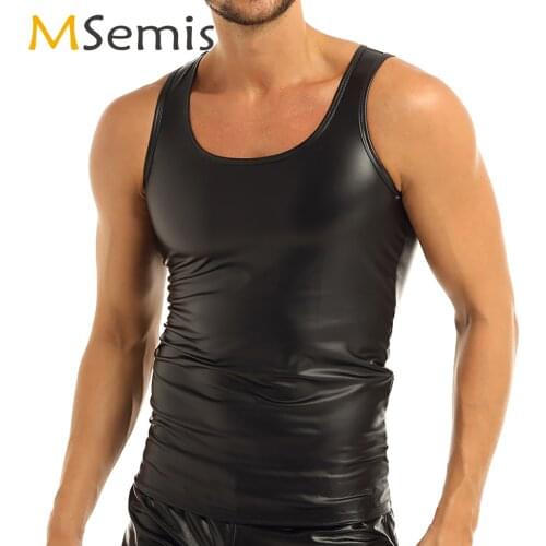 Mens Summer Sleeveless Cropped Vest Black Wetlook Leather Muscle Tank Sexy Slim Fit Undershirt Crop Top Homme Waistcoat Clubwear