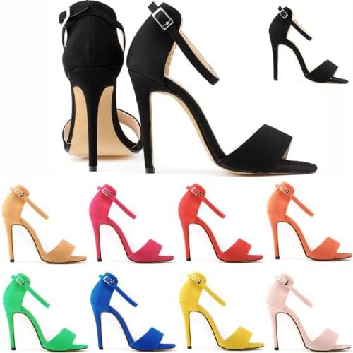Sexy word buckle sandals women 2020 summer Round Toe Flock 11CM Thin High heels Buckle Strap sandal women shoes 2020 size 35-42