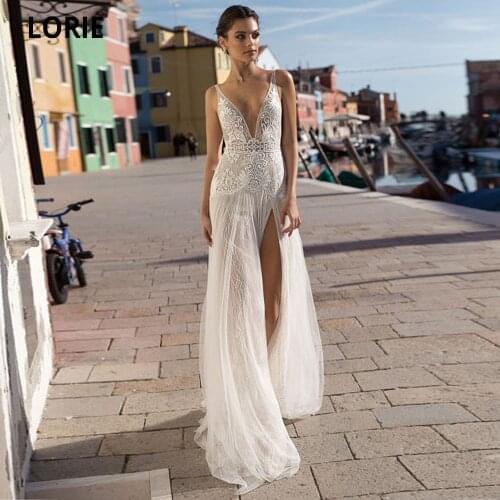 LORIE Bohemia Beach Wedding Dresses Lace Mermaid Sexy V-neck Open Back Illusion Bridal Gowns Vintage Wedding Party Dresses 2020