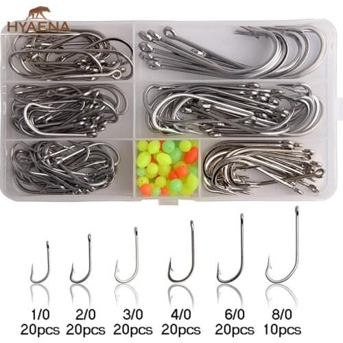 Hyaena 130pcs/box Stainelss Steel Long Shank Ocean Boat Big Hook Eyes Fishing Barbed Hooks With 20pcs Fishing Beads