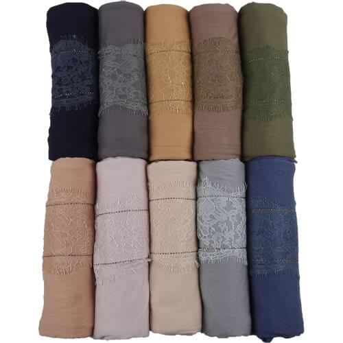 SMG Design 18 Lines Stones Stretchy Jersey Hijab Scarf With Eyelash Lace Soft Materail Muslim Shawls Wraps