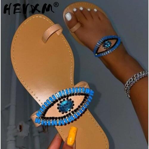 2021 Female Eyes Slides Fashion Ladies Sandals Round Toe Flat Slippers Large Size Rhinestone Gems Cartoon Slipper