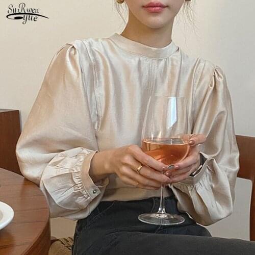 Spring Women Clothing Pleated Shirt Autumn Womens Tops and Blouses O-neck Loose Puff Sleeve Bottoming Shirt Plus Size 12424