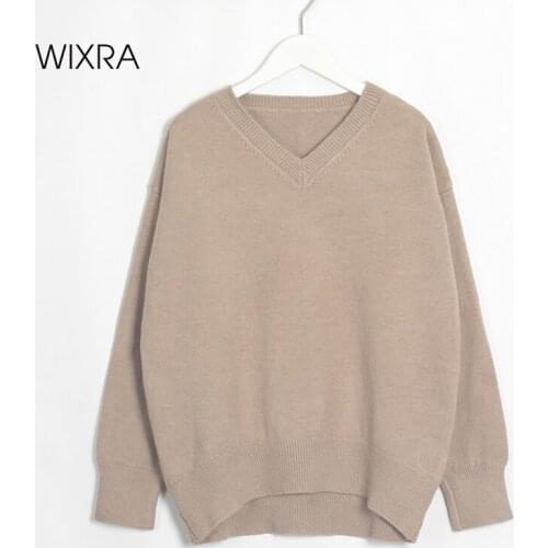 Wixra Loose Knitted Sweaters Womens Pullovers V Neck Jumper Autumn Winter All Match Ladies Solid Knitwear Tops