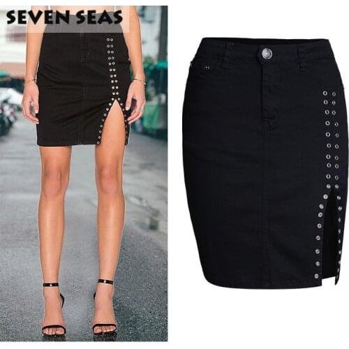 Side Slit Sexy Rivet Black Skirt Women Plus Size Stretchy High Waist Tight Pencil Skirts Jupe Crayon