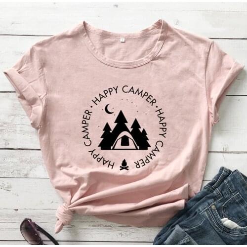 Happy Camper 100% Cotton T-shirt Funny Unisex Short Sleeve Camping Tshirt Casual Women Adventure Outdoor Tops Tees