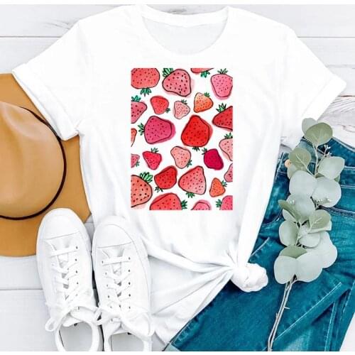 Women Clothing Cartoon Strawberry Fruit Sweet Fashion Summer Short Sleeve Clothes Print Tshirt Female Tee Top Graphic T-shirt