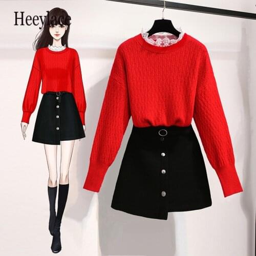 Women korean Casual Autumn Winter Knitted Two Pieces Set For Women Long Sleeve Knitted Sweater And Tweed Shorts Skirts Sets 2021