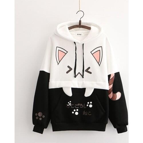 Long Sleeve Graphic Cat Ear Funny Anime Teen Girls Pullover Harajuku Kawaii Women Cute Hoodie Black Pink Vintage Sweatshirt 2021
