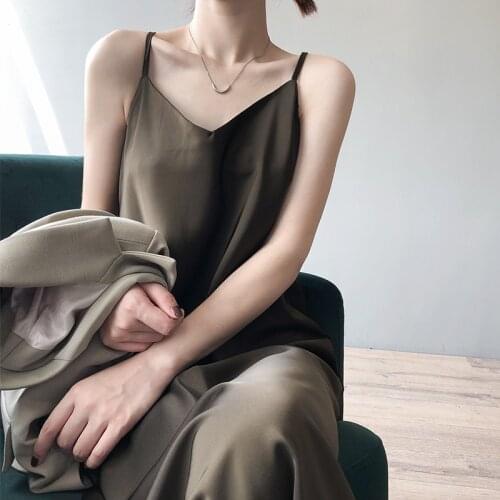 High Quality Summer Dress Sexy Suspenders V-neck And Ankle Skirt Satin Long Woman Dress V-neck Elegant Tight Dress