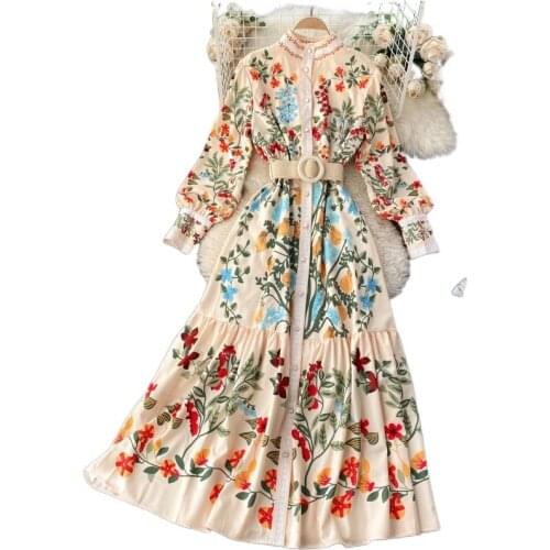 Spring Vintage Print Dresses for Women 2021 New Stand Collar Puff Sleeve Runway Maxi Dress Flowers Streetwear Vestidos with Belt