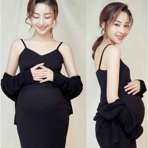 Women Photography Props Maternity V-neck Dresses Pregnancy Elegant Black Dress And Cardigans Studio Photoshoot Clothes