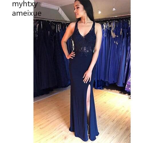 Simple Sexy Blue Plus Size Evening Dresse 2020 Mermaid Prom Dresss Floor Length Backless Side Split Evening Gowns Custom Made