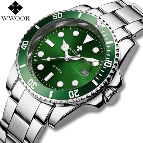 WWOOR Mens Watches Top Brand Luxury Quartz Analog Luminous Waterproof Silver Stainless Steel Dress Wrist Watch Male Green Clock