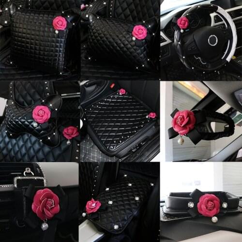 Camellia Rose Flower Car Steering Wheel Cover Leather Fashion Rivet Car Neck Waist Pillow Universal Car Styling Headrest Cushion