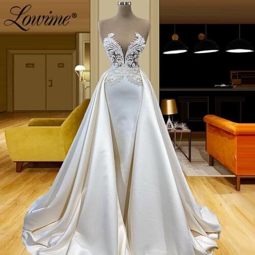 Pearls Mermaid Long Prom Dresses 2021 Customized Ivory Satin Party Dress For Weddings Formal Evening Wear Robe De Mariée