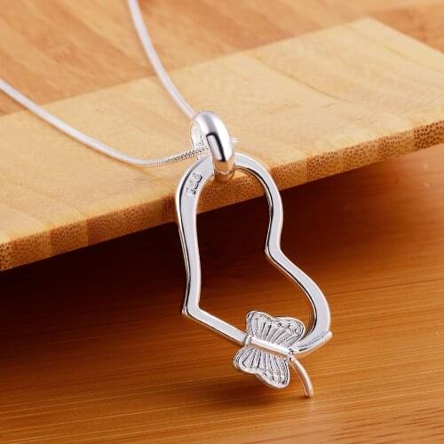 Fine 925 Sterling Silver Heart butterfly Pendant Necklace For Women 18 inches Christmas gifts high quality wedding party Jewelry