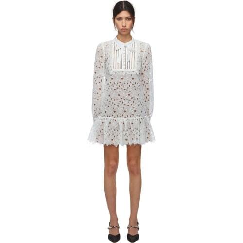 Classical White Handmade Hollow Out Floral Lace Rib Bowknot Tie-Neck Flounce Mini Dress Long Sleeve Single Breasted Lolita Gown