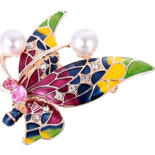 Fashion Imitation Pearl Brooches For Women Vintage Rhinestone Enamel Butterfly Brooch Pin Jewelry