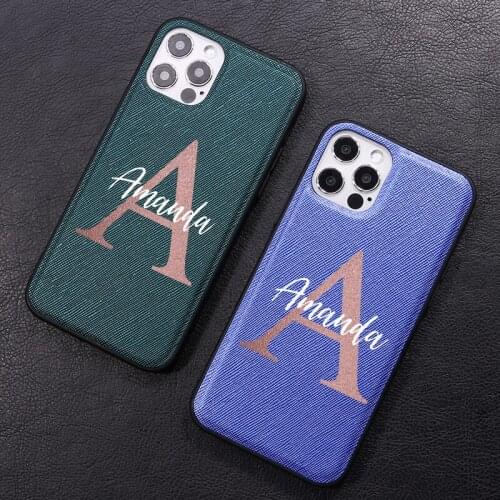 Fashion DIY Letters Initial Custom Personalized Name Striped PU Leather Phone Case For iPhone 12 11 Pro XS Max XR 7Plus 8 8Plus