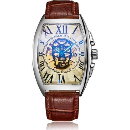 Wine barrel type hollow back skeleton skull mens automatic mechanical watch belt mens watch