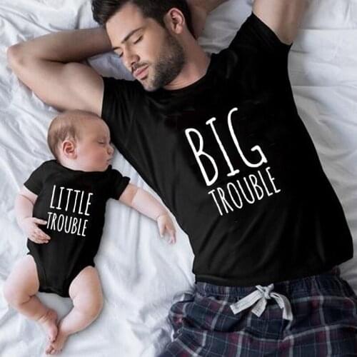 Outfits Dad Daughter Son TShirt Daddy Baby Romper Clothes Black Big Trouble and Little Trouble Family Matching Clothes