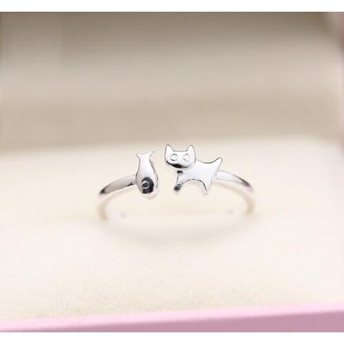 New 925 Sterling Silver Rings Cat Eats Fish Couple For Women Rings Adjustable Rings Free Shipping