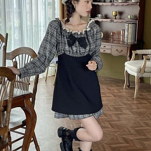 2021 Japanese Autumn Soft Girl Lolita Dress Cute Bow Ruffles Plaid Dress Fake Two-Piece Lace Kawaii Princess Gothic Dresses Lady