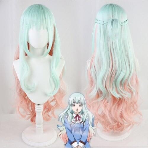 Tenkuu Shinpan Shinzaki Kuon Cosplay Wig High-Rise Invasion Long Curly Gradient Blue Pink Hair Halloween Anime Wigs + Wig Cap