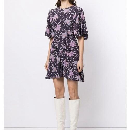 2021 Early Spring New Round Neck Flying Sleeves Floral Print Folds Waist Fashion All-match A-line Dress