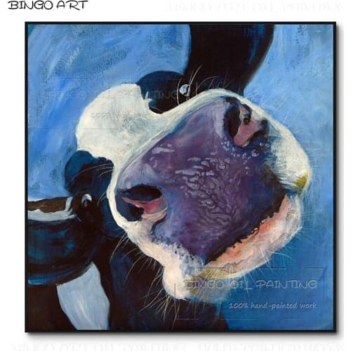 Hand-painted High Quality Funny Animal Smile Cow Oil Painting on Canvas Lovely Animal Cow Smiling Oil Painting for Wall Decor