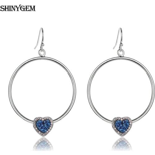 ShinyGem 2020 Trendy Big Round Drop Dangle Earrings Heart Shape Natural Blue Opal Rainbow Druzy Stone Earrings For Women Charm