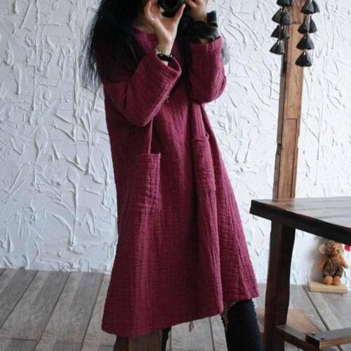 2020 Spring Winter Warm Burrs Collar Loose Cotton Linen Women Dress Individuation Hem Pockets Vintage Robe Vestidos