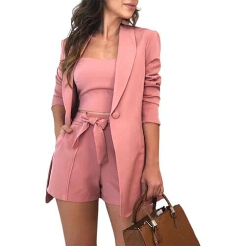 Elegant Office Lady Outfits Fashion Long Sleeve Blazer Suit Solid Color Coat Shorts Vest Three Piece Set Casual Business Outfits