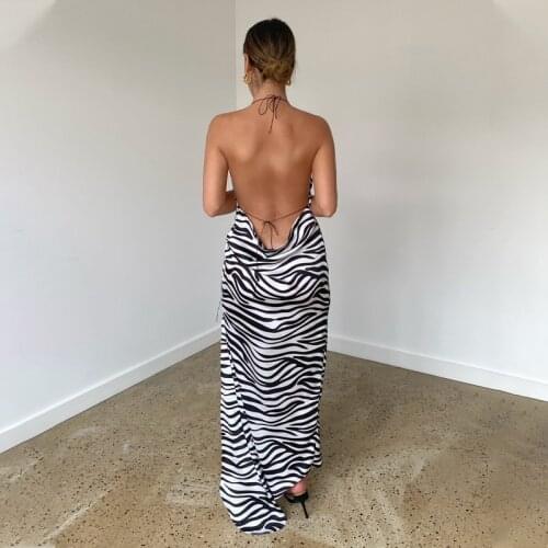 Women Sexy Nightclub Back Lace-up Drawstring Long Dress Zebra-Stripe Print V-Neck Sleeveless Backless Halter Dress for Female