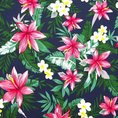 1 Yard Cotton Poplin Fabric for Sewing Patchwork, Dress, Cloth - Flower and Leave on Deep Blue Background (width=140cm)