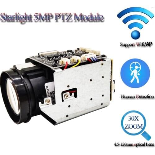5MP Human Detection 30X Optical Zoom Mini PTZ Camera Module Pelco-D/P RS485/TTL, TF Card Slot Onvif Wifi Security Camera Board