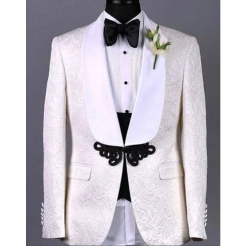 White Floral Pattern Men Suits with Black Pants Slim Fit Wedding Groom Tuxedo for Dinner Party Custom 3 Piece Blazer Vest 2021